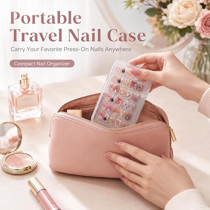Tri-Fold Press On Nail Organizer Case | 4-Page Portable Storage Box for Fake Nails, Clear PET Plastic Travel Holder (6×3.2×1.8 inch)