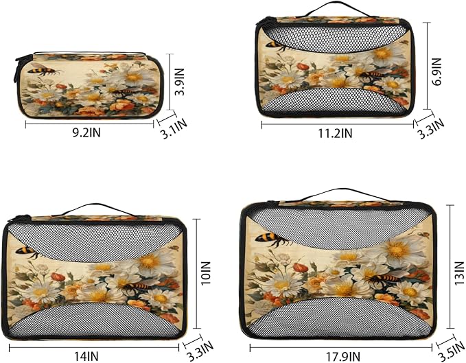 Spring Summer Flower Packing Cubes for Travel, Luggage Packing Organizers, Bee Travel Accessories Large Toiletries Bag for Clothes Shoes Cosmetics Toiletries