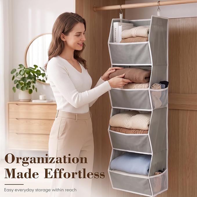 Novabright 2 Pack Hanging Closet Organizer, 4-Shelf Gray Closet Hanging Shelves with Side Mesh Pockets and Metal Hooks, Foldable Fabric Storage Organizer for Clothes, Shoes, Bags, Bedroom, Nursery
