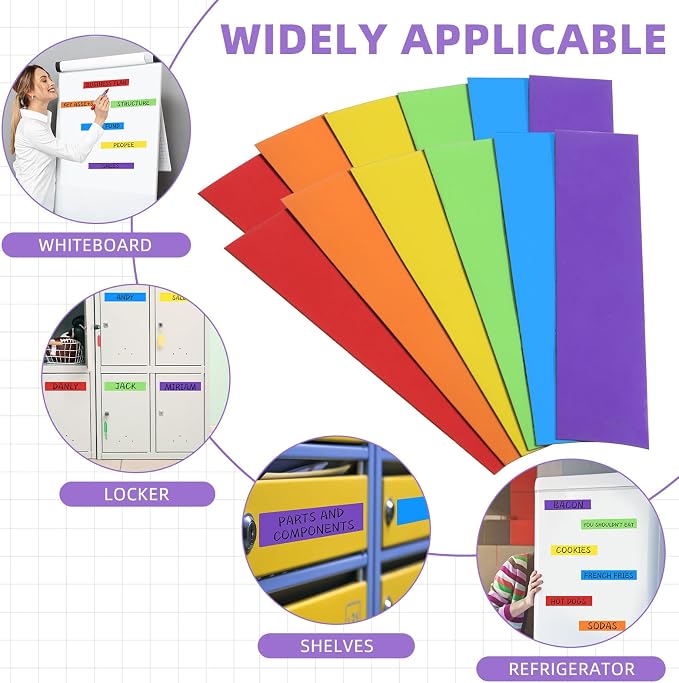 6 Pcs Dry Erase Magnetic Tapes for Classroom Colored Rainbow Adhesive Magnetic Strips Blank Sticky Labels Writable Sheet for Back to School Whiteboard Refrigerator DIY(2 in X 9.8 ft,Classic)