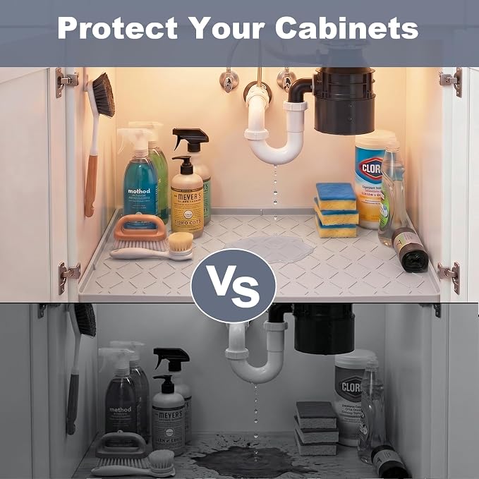Extra Thick Under Sink Mat Waterproof with Raised Edge 19" x 28" | Silicone Multipurpose Mat for Kitchen, Bathroom, Pet Feeding, Shelf Protection & Organization, Boot & Plant Tray