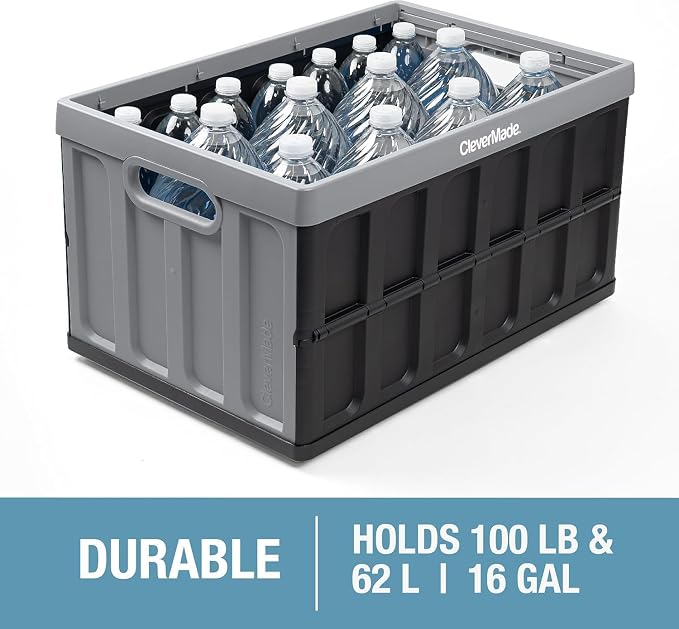 CleverMade Collapsible Storage Bins (With Lids), 62L, 3 Pack - Obsidian | Store Bigger Loads Under a Secure Lid | Each Bin Holds 100 lb, Stacks Neatly, and Folds to 2.5 Inches When Empty