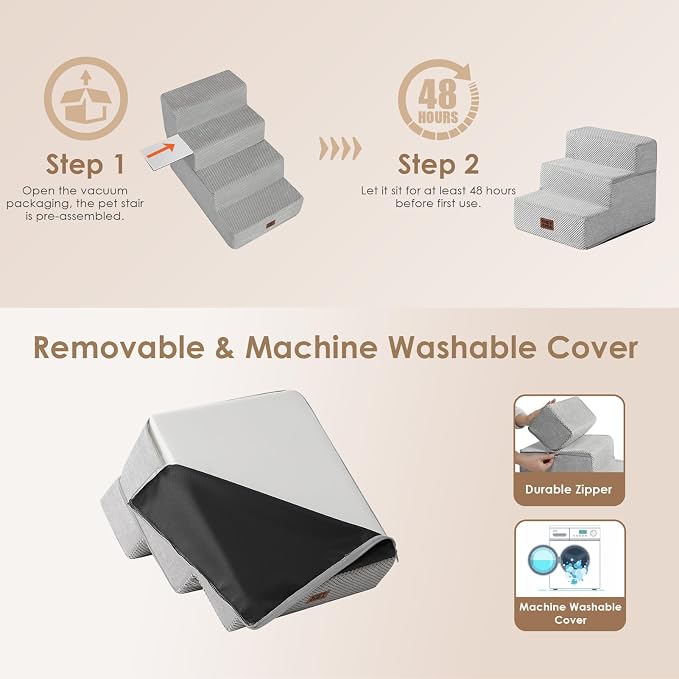 EHEYCIGA Dog Stairs for Small Dogs 13.5" H, 3-Step Extra Wide Dog Steps for Couch Sofa and Chair, Pet Steps for Medium Cats, Non-Slip Balanced Pet Ramp Indoor, Light Grey