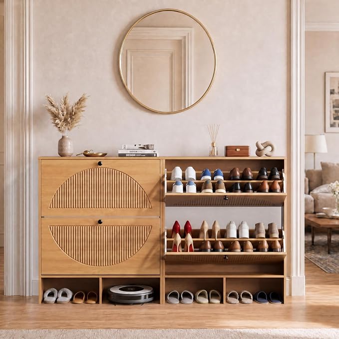 GRUSIGN Shoe Cabinet with 2 Flip Drawers, Narrow Shoe Cabinet Storage for Entryway, Freestanding Shoe Organizer with Adjustable Shelves & Anti-Tipping Device, Shoe Rack Cabinet for Hallway, Foyer