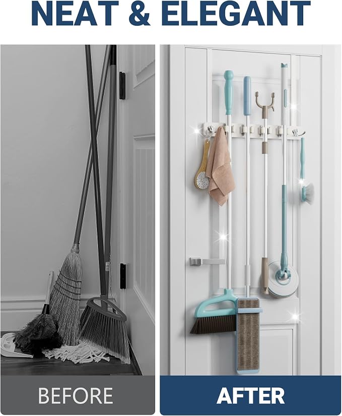 Lorbro Broom Holder Door Mount, Wood Over the Door Broom and Mop Holder | 4 Slots 4 Hooks, No Drill Setup, EVA Protection Pads, Secure Grip, Laundry Garage Closet Kitchen Use, White
