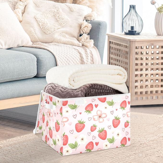 Strawberry Fabric Storage Bins with Lid Foldable Storage Boxes 40L Baskets | Decorative Storage Boxes, Foldable & Stackable, Dust-Proof Flip Top, Reinforced Handles, For Home & Dorm, Clothes & Toy Box
