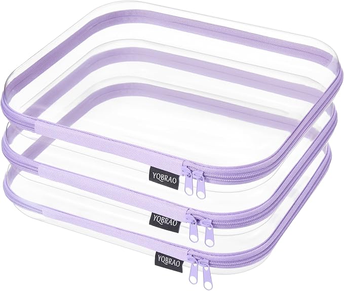 YQBRAO Clear Hard Shell Zipper Cases, 3 Large Travel Organizers, Purple | Rigid 1.2 mm PET and YKK dual zippers for full-size toiletries, makeup palettes, electronics and craft supplies