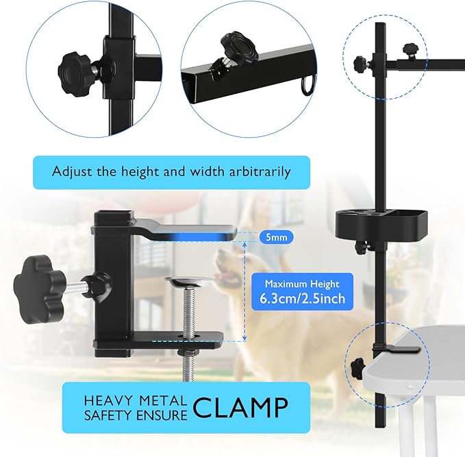 LEIBOU H-Shape Pet Grooming Table Arm with Grooming Hammock Tool Holder Noose and Clamp for Dogs and Cats Heavy Duty Aluminum Alloy Frame with 35.4” Adjustable Height and 36.2” ~ 50” Adjustable Width