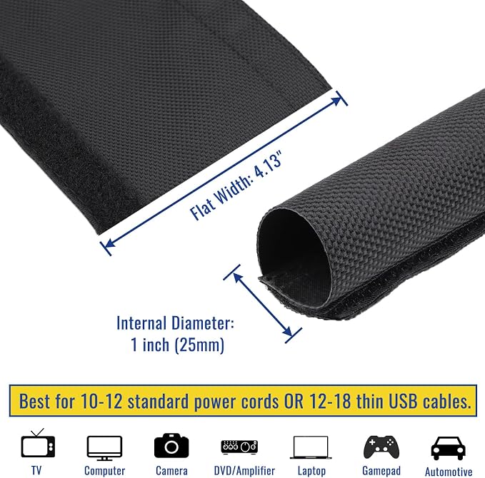 1" - 6.6 Ft Dog/Cat Cord Protector, Hook and Loop Cable Sleeve | Cable management sleeve; Reversible, flexible & cuttable; Split wire wrap for TV, USB, audio, computer and automotive; Black