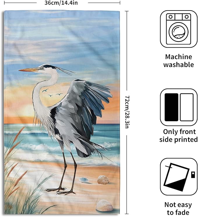 Giwawa Heron Towel Set of 2 Watercolor Summer Coastal Sea Bird Decorative Hand Face Towels for Bathroom Guest Nautical Beach Themed Microfiber Kitchen Dish Towel for Hotel Gym Spa Season
