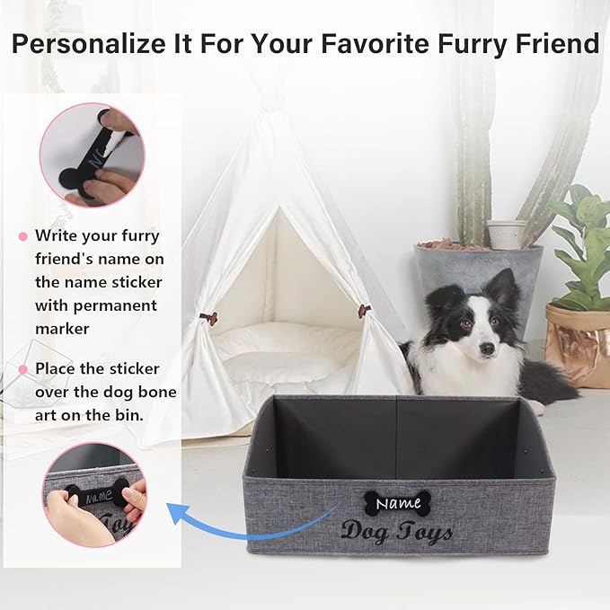 Large Dog Toy Basket Collapsible Dogs Toy Box Fabric Trapezoid Dog Toys Bin Storage for organizing pet Toys/Blankets/leashes/Rope Toys/Clothing-Can be Personalized-Gray