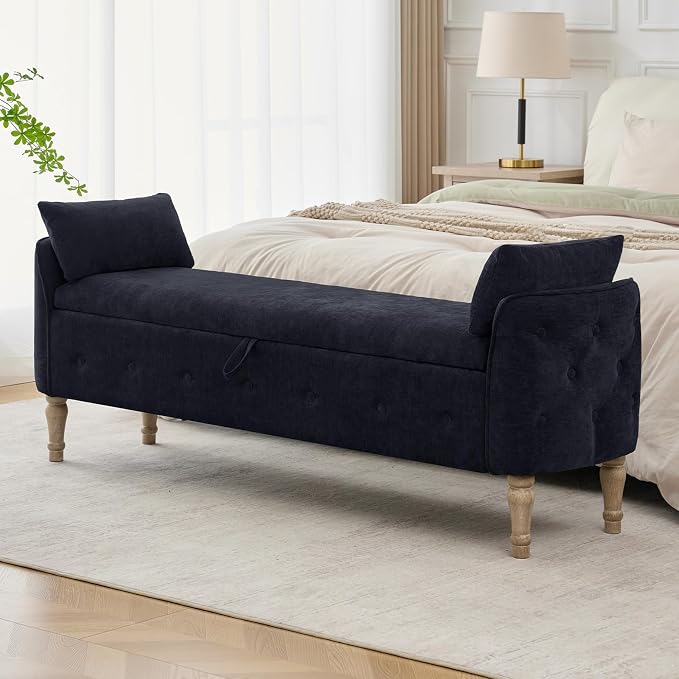 67"End of Bed Storage Bench King Size,Upholstered Bedroom Bench,Black | Linen Storage Bench for Bedroom End of Bed ,2 Cushion, Vintage Wood Legs ,Tufted,Storage Ottoman Bench for Entryway Window