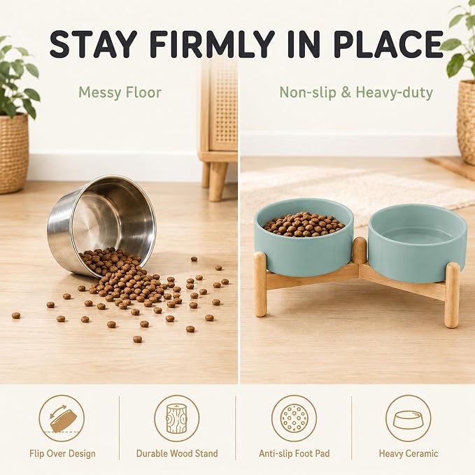 Havniva Ceramic Dog Bowls Elevated, Raised Dog Food Bowl for Small Dogs | 6.1” Elevated Dog Bowls, Non-Slip Wood Stand, Dog Food and Water Bowl Set, Dog Feeding Dish, Large Capacity Pet Water Bowl