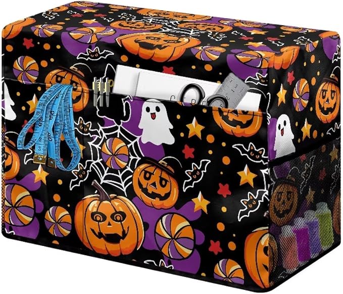 Halloween Theme Sewing Machine Cover with Storage Pockets | Dust & Pet Hair Protection,Fits Standard Singer, Brother and Janome Machines, Protecting & Decorating Your Sewing Space