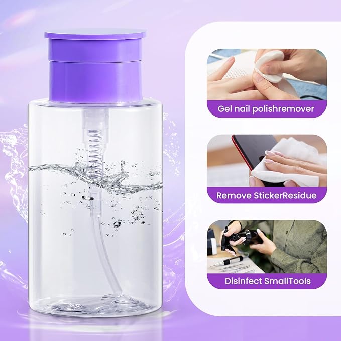 Nail Polish Remover Pump, YAMYONE 2 Pack Acetone Pump Dispenser, Alcohol Dispenser Push Down Empty Lockable Pump Dispenser Bottle for Nail Polish and Makeup Remover, 200ml(6.8oz) (Transparent Purple)