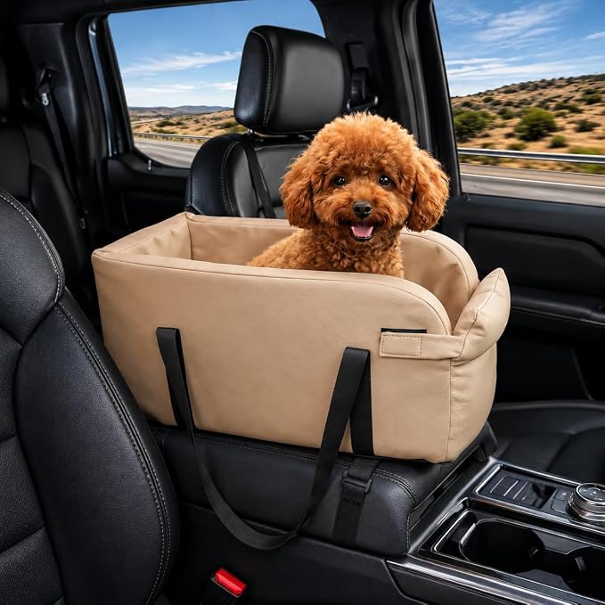 Center Console Dog Car Seat for Pets Up to 9 lb, Light Khaki | Water-resistant faux leather; 16.41 x 7.87 x 8.66 in; pets up to 11 in long. Measure your console before purchase.