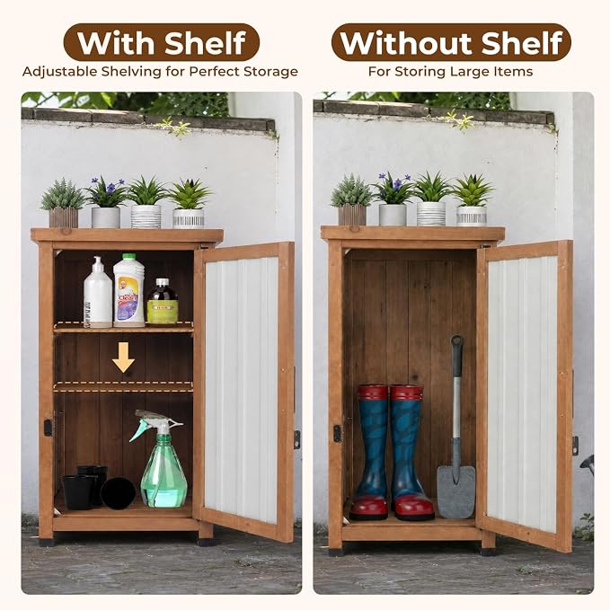 Outdoor Storage Cabinet Waterproof with Metal Top, Wooden Potting Bench Table Tool Organizer with Adjustable Shelf for Patio Backyard Garden