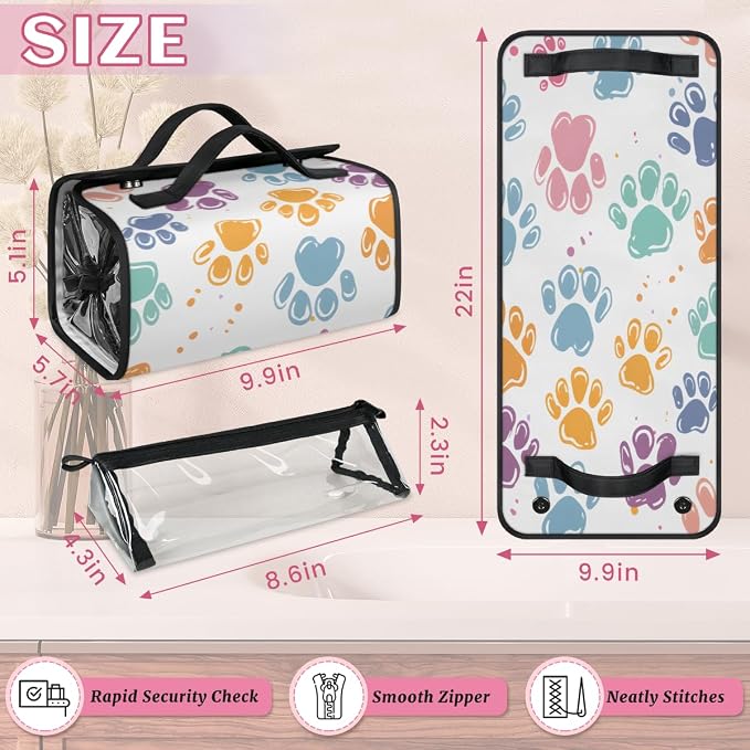 Cute Colorful Cat Paws Makeup Bag for Women Hanging Roll-Up Travel Organizer Toiletry Kit with 4 Removable Compartments, Pet Animals