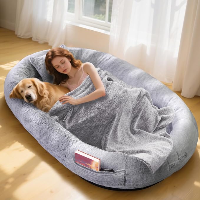 Human Dog Bed for Adults and Pets,71"x45"x14" Human Size Giant Dog Bed,Washable Faux Fur Cover Napping Orthopedic Bean Bag Bed for Humans with Blanket and Pillow,Gray