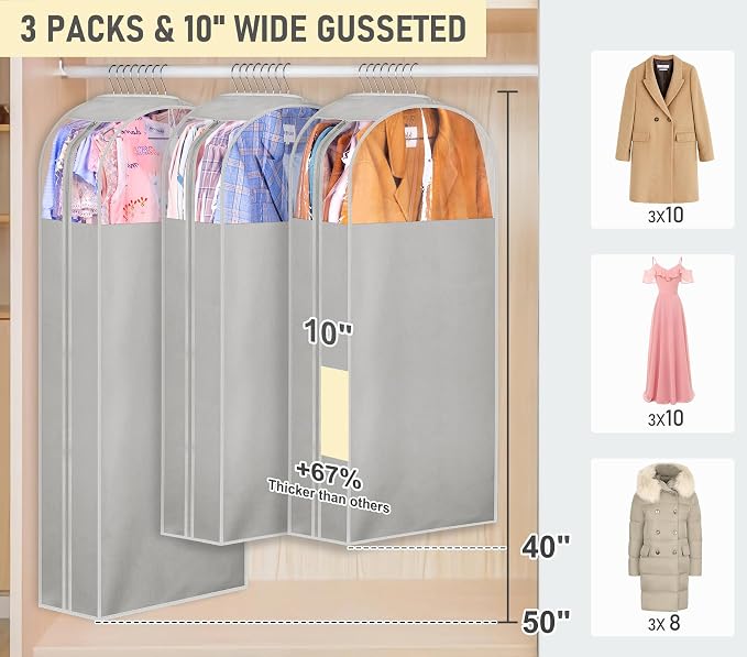 MISSLO 10" Gusseted Garment Bags for Hanging Clothes 40"+50" Clear Suit Bags for Closet Storage Dress Bag for Gowns Long Coat Protector, 3 Packs, Grey