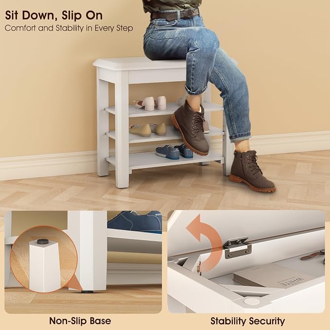 IUNVR Shoe Rack Bench Seat Rubberwood 3-Tier Wooden Storage Bench 550lbs Compact Mid-Century Modern Design for Entryway, Hallway, Closet, Front Door Entrance, Foyer
