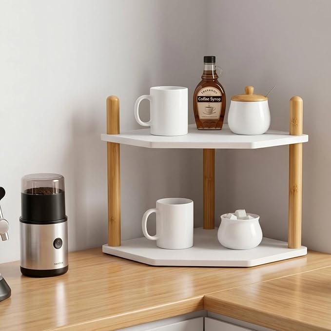 2-Tier Bamboo Corner Shelf,Kitchen Countertop Organizer,Corner Countertop Organizer Shelf, Coffee Bar Organizer,Coffee Bar Accessories,for Kitchen, Pantry, Organizers and Storage,White