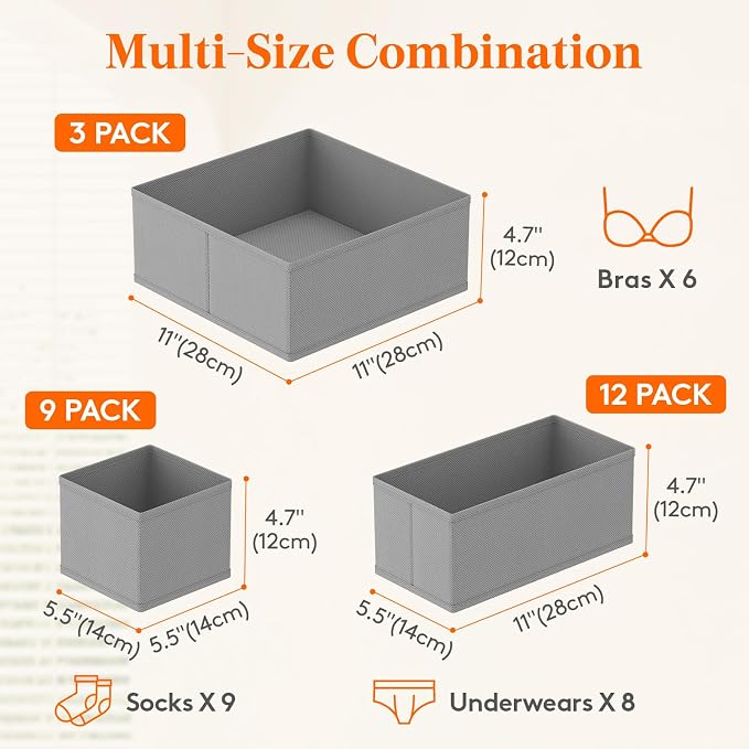 Lifewit Drawer Organizer Clothes for Closet, Gray, 24 Pack | 3 Sizes Underwear Wardrobe Drawer Dividers, Fabric Foldable Dresser Storage Organizer Bins for Sock, Bra, Lingerie, Undies
