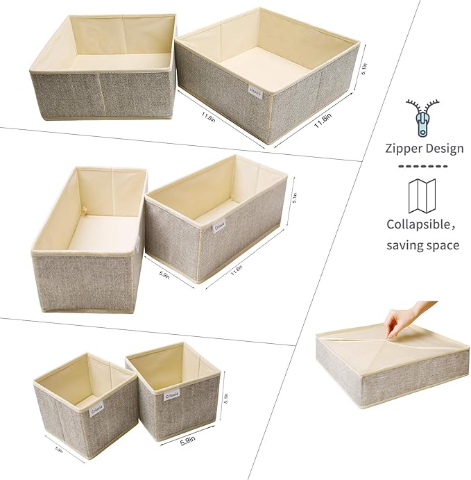 Underwear Drawer Organizer, 6 Set Foldable Underwear Drawer Organizer and Closet Dividers,Storage Box for Clothes, Socks, Underwear (6 Bins, Beige)