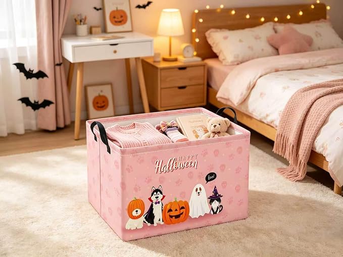 Halloween Basket Cute Baskets for Kids Pumpkin Basket Rectangular Storage Bin Organizer Box Room Decor(Pink Dog Halloween)