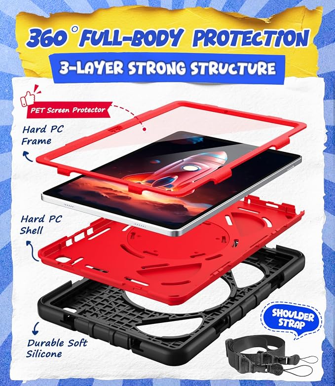 Grifobes Case for Samsung Galaxy Tab A11+ / A9+ Plus 11 inch 2026/2024, Full Protection with Screen Protector/Rotating Stand, Hand/Shoulder Strap for 11” Tablet Cover Black+Red