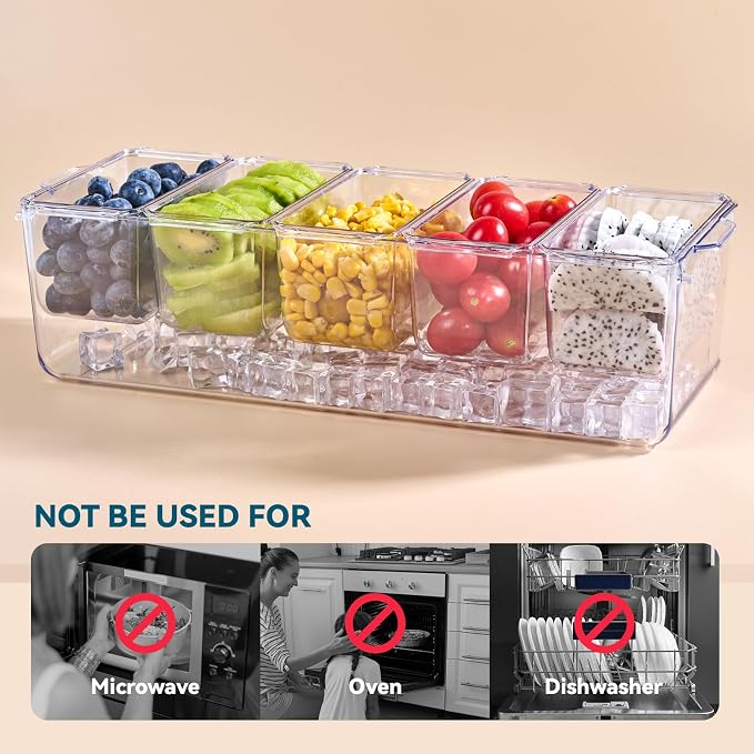 2 Pack Garnish Tray Chilled Condiment Server with 5 Small Containers | Ice Condiment Organizer and Removable Compartments, Clear Garnish Serving Platter for Kitchen, Fruit, Salad, Food