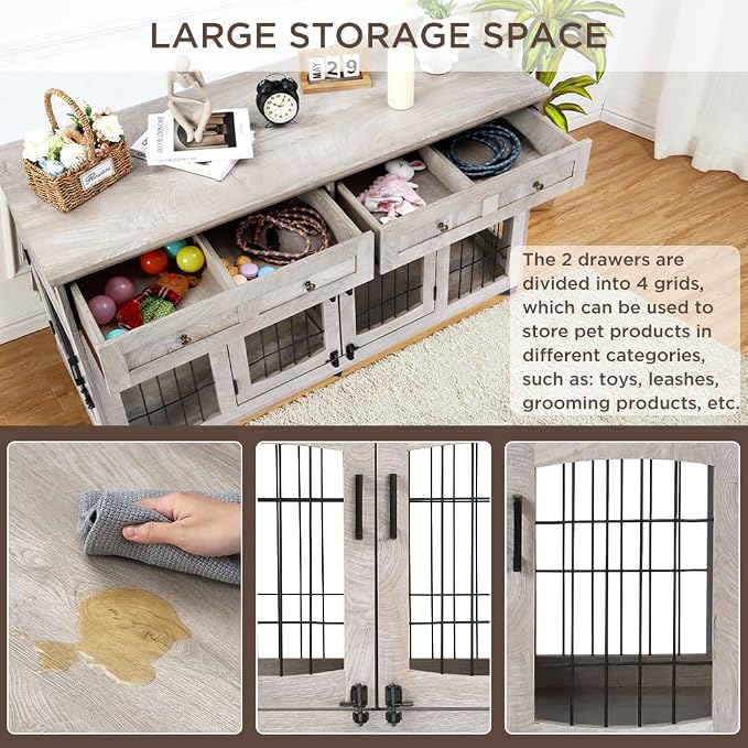 2 Dog Crate Furniture for Large Breeds,Large Dog Kennel Furniture TV Stand,58" Wooden Dog Kennel End Table with Drawers,Double Dog House with Divider