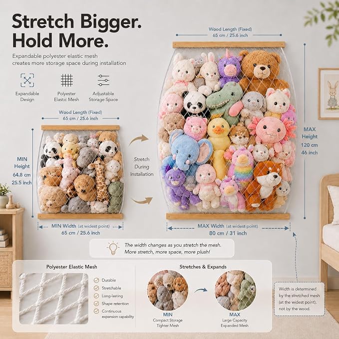 Stuffed Animal Storage Holder, Elastic Stuffed Animal Net,Door/Wall Mount Length Adjustable Hanging Stuffed Animal Organizer, Plushie Net for Nursery Play Room-Origin Boards Patent