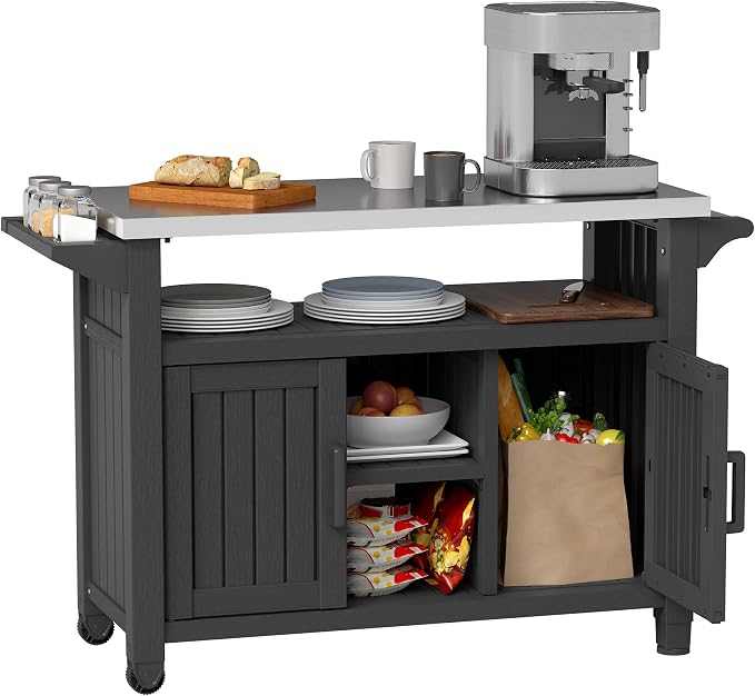 Bifanuo Outdoor Grill Table Grill Cart with Stainless Steel Top & Storage Cabinet for Food Prep and Storage, Portable and Durable with Wheels(Classic Black)