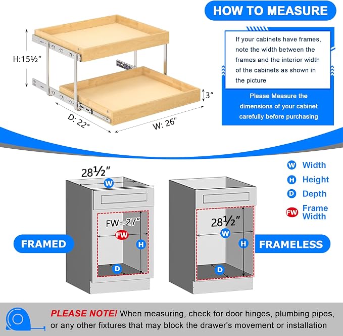 WelFurGeer 2-Tier Pull Out Cabinet Organizer with Soft Close Slides, Heavy-Duty Pull Out Drawers for Cabinets, Slide Out Shelf for Kitchen, Bathroom, Pantry & Under Sink, Solid Birch Wood