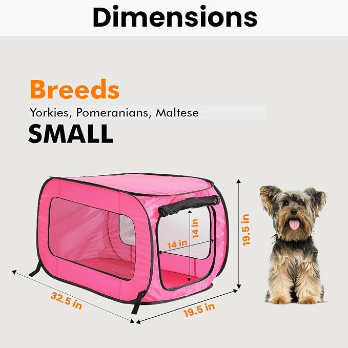 Portable Collapsible Pop Up Kennel, 32.5" L x 19.5" W x 19.5" H, Fuchsia | Collapsible indoor/outdoor travel cat and dog crate with mesh screen windows pops up and folds flat for easy storage