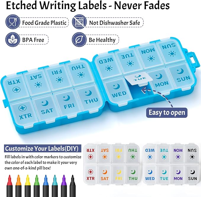 Foldable & Portable Pill Organizer 2 Times A Day with Extra Compartments - Etched Labels - Weekly 7 Day AM PM Medicine Box, Week Daily Travel Pill Case Holder Dispenser for Vitamin, Supplement - Blue