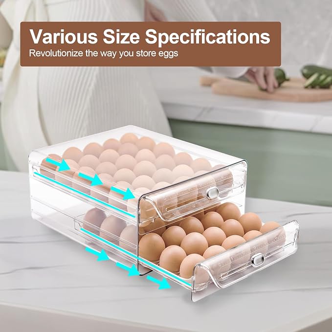 Egg Holder for Refrigerator,60 Eggs Clear Drawer Organizer | 2 Layer Stackable Egg Holder Egg Trays,Egg Storage Container with Time Scale for Fridge Countertop Cabinet