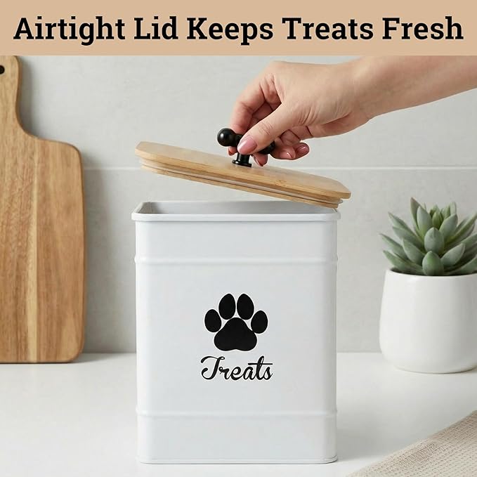 Dog Treat Container Airtight, 6"W x 8"H, Powder Coated, 12 Cup Capacity | Fits All Popular Treats, 12 Cup Capacity, Airtight Bamboo Lid, Easy Open Lid, Dent-Resistant Durable Metal Bone-Shaped Handle