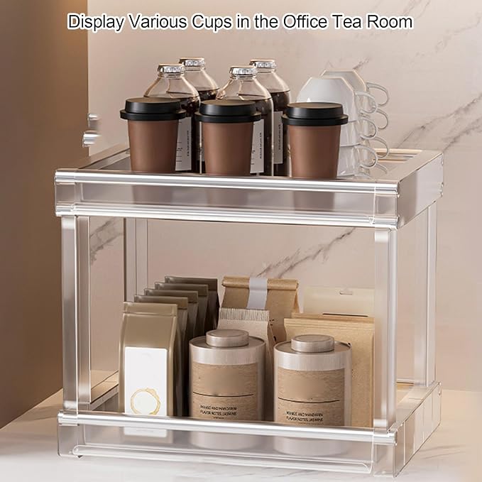 Desktop Storage Rack, Versatile Tea Bag Organizer for Coffee Bar and Makeup, High Capacity PET Cosmetic Stationery Holder with AntiSlip Pads for Kitchen and Office, Space Saving (Transparent)
