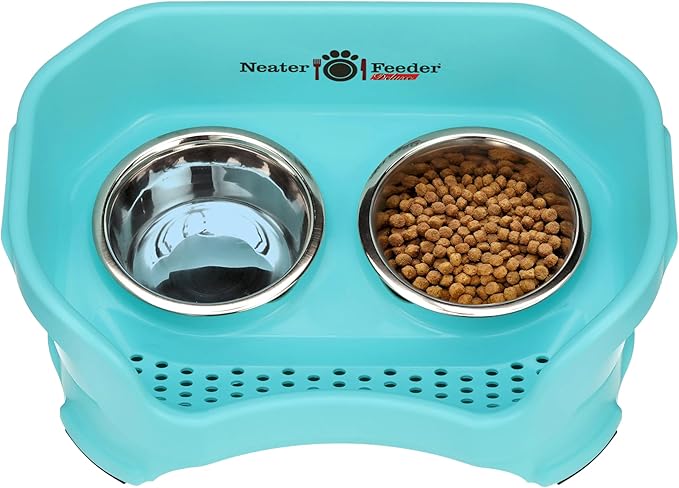 Neater Pet Brands Neater Feeder Deluxe Mess Proof Cat Bowls Elevated, Made in USA, No Spill Raised Bowls for Indoor Cats, Stainless Steel Food and Water Bowl Set, Pet Dish Feeding Station, Aquamarine