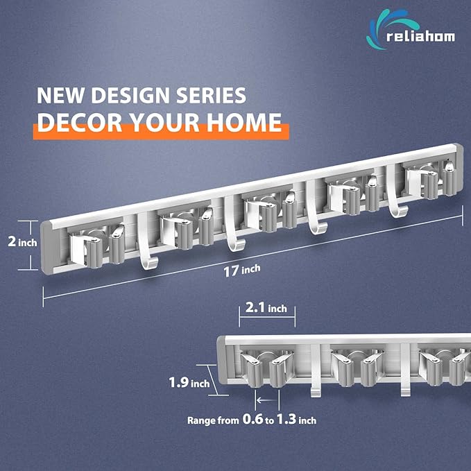 reliahom Broom Holder Wall Mount Mop Hanger Tools organizer 5Racks 4Hooks | Adjustable Mop Broom Wall Hanging Heavy duty Tools Storage Rack Space-saving for Garage,Kitchen,Laundry Room,Garden, Silver