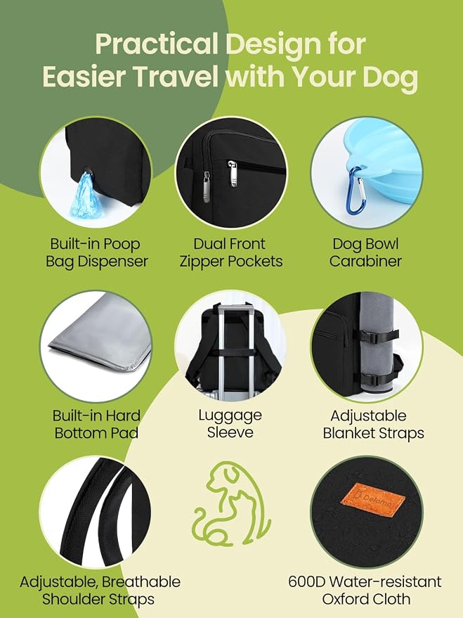 DELOMO Dog Travel Bag, 25L Airline Approved Dog Travel Backpack Set, Black | 2 Food Containers + 2 Collapsible Bowls + 1 Waterproof Mat, for Weekend to Week-Long Pet Travel, Camping, Road Trips