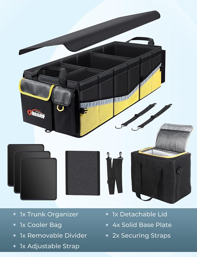 Oasser Trunk Organizer 95L with 20L Removable Cooler Bag for SUV | 4 Compartments, 9 Side Pockets, Foldable Lid, No Deformation, 1680D, Non Slip Bottom, 2 Straps, Reflective Strip