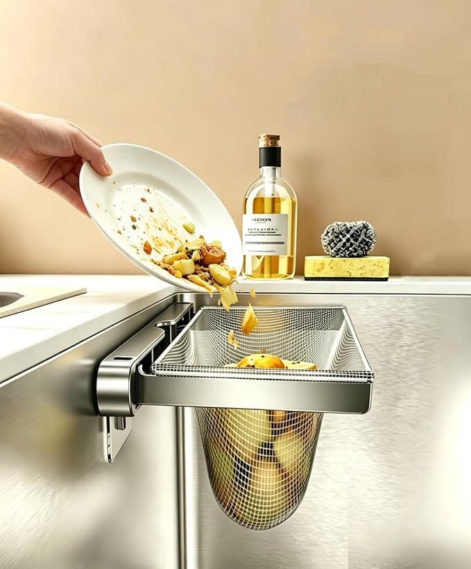 Kitchen Sink Strainer with Filter Mesh Bag, Food Waste Filter Basket, Folding Drain Strainer Catcher for Veggies, Fruits, Dishes (PET holder & metal arms)(grey)