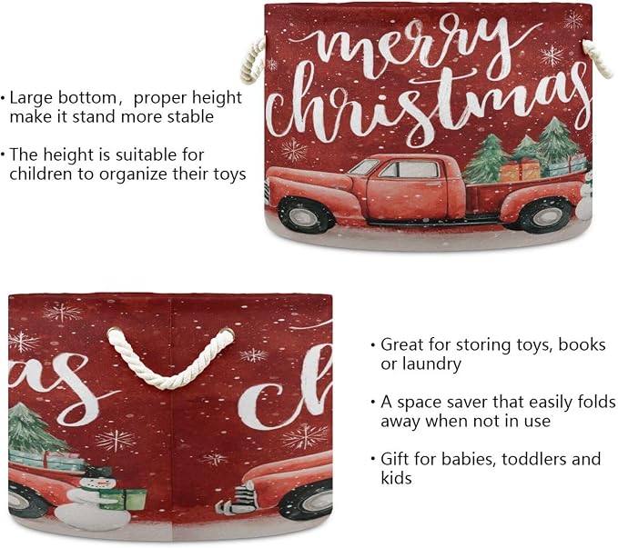 Large Storage Basket for Toys Christmas Red Snowman Truck Print Storage Bin Box Organizer Basket for Laundry Hamper Kid's Room Baby & Dog Toy