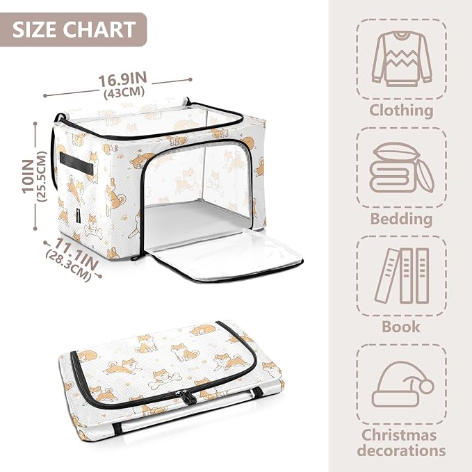 Cute Pets Dogs White print Under Bed Storage Containers with Double Zipper Openings, Foldable Clothes Storage Bins with Clear Window and Handles for Bedding Comforters Blankets