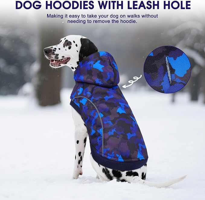 IECOii Camo Dog Hoodie Fleece Lined Dog Sweatshirt Pullover with Leash Hole and Reflective Stripes, Windproof Warm Hoodie for Medium Dogs Girl Boy, Fall Winter Outdoor Pet Hoodies, Blue Camo, XL