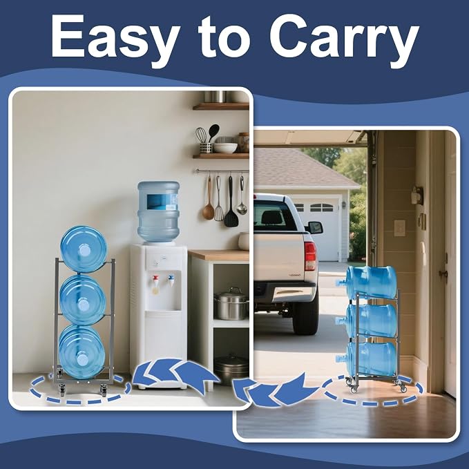 5 Gallon Water Jug Holder with Wheels: 5 Gal Water Bottle Storage Rack Stand for Home Kitchen Office Gym Garage (3 tier)