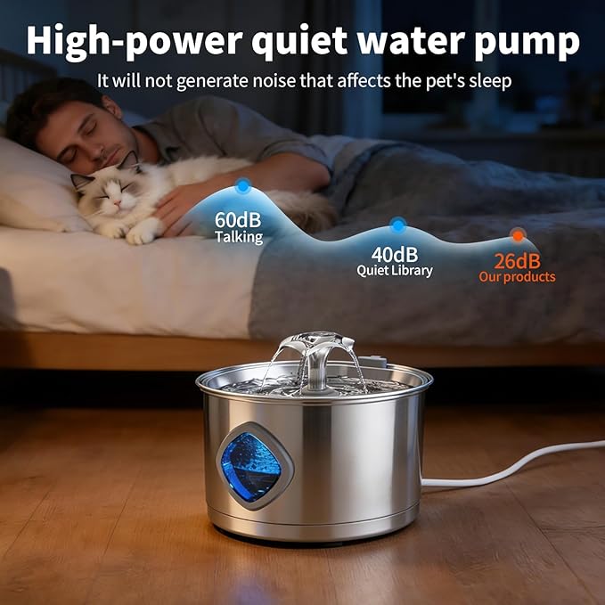Stainless Steel Cat Water Fountain - Super Quiet Drinking Fountain for Cats 2.8L/95oz,with Flower Kitty Spout and Water Level Window Cat Fountain,Ideal for Multi-pet Homes